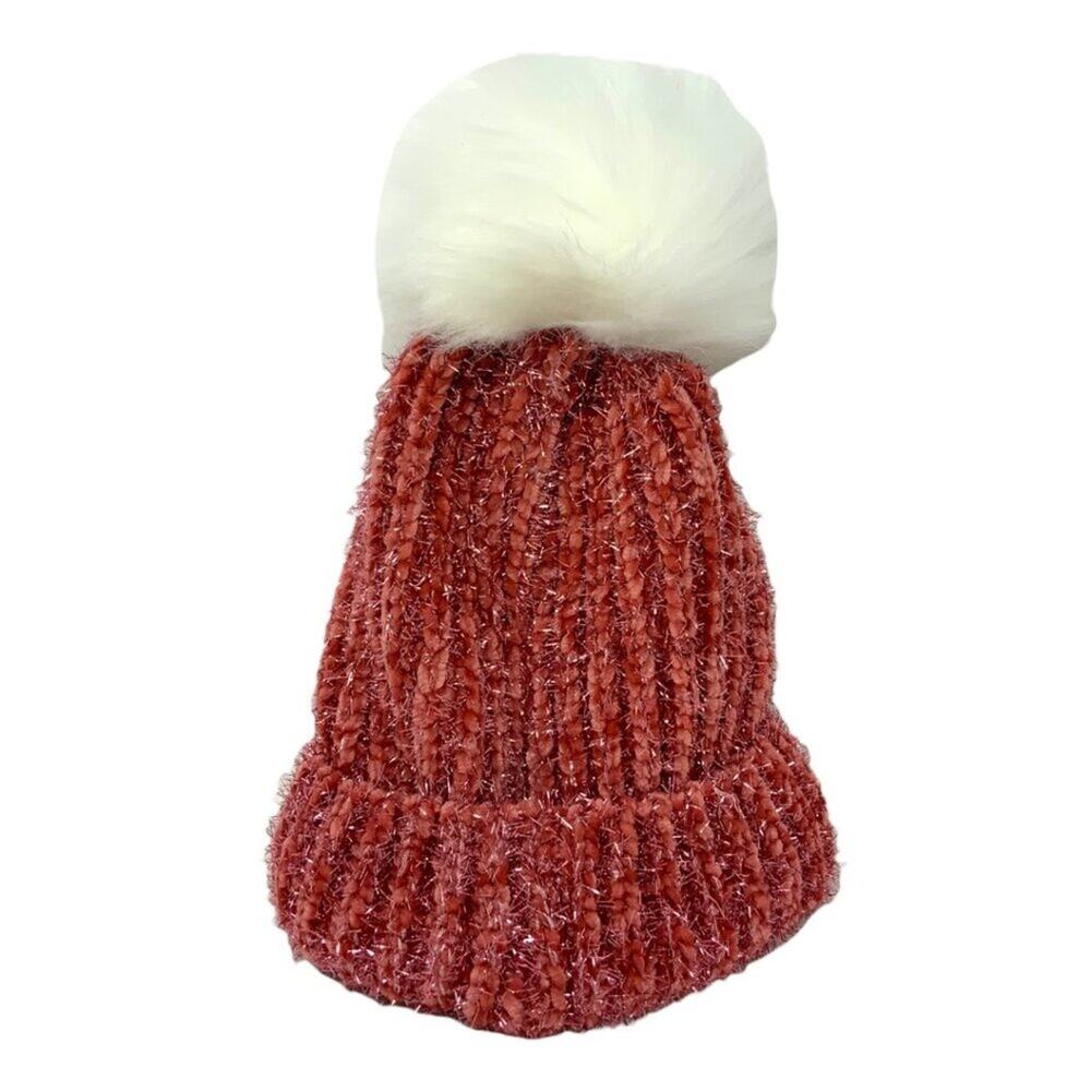 BP Faded Rose Metallic Sparkle Faux Fur Pom Pom Beanie One Size NWT